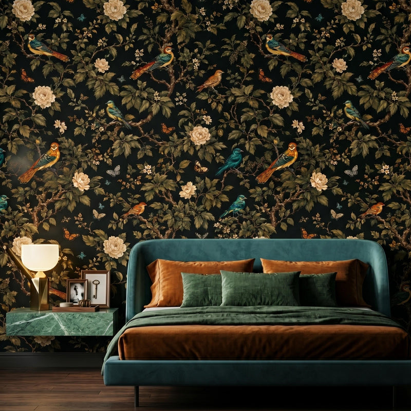 Dark Green Vintage Bird and Floral Chinoiserie Wallpaper, Moody Maximalist Wall Decor, Dark Academia Home Aesthetic