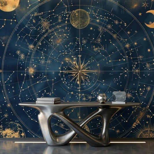Navy and Gold Vintage Celestial Map Mural Wallpaper, Antique Star Chart Wall Decor, Mystical Dark Academia Vibe, Astro Home Office Accent