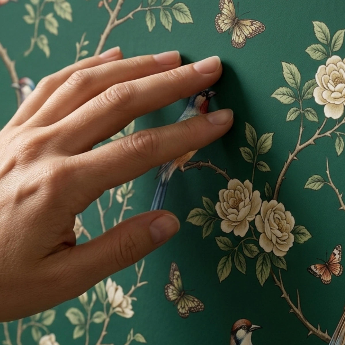 Dark Green Chinoiserie Floral Wallpaper Wall Mural, Moody Botanical Bird Wall Decor, Vintage Nature Peel and Stick, Victorian Aesthetic
