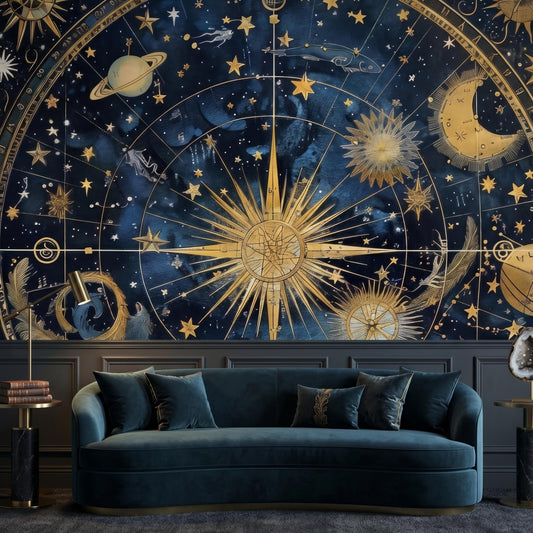 Navy Blue Gold Celestial Astrology Wallpaper Mural, Dark Academia Home Decor, Vintage Star Map Wall Art, Mystical Night Sky Aesthetic