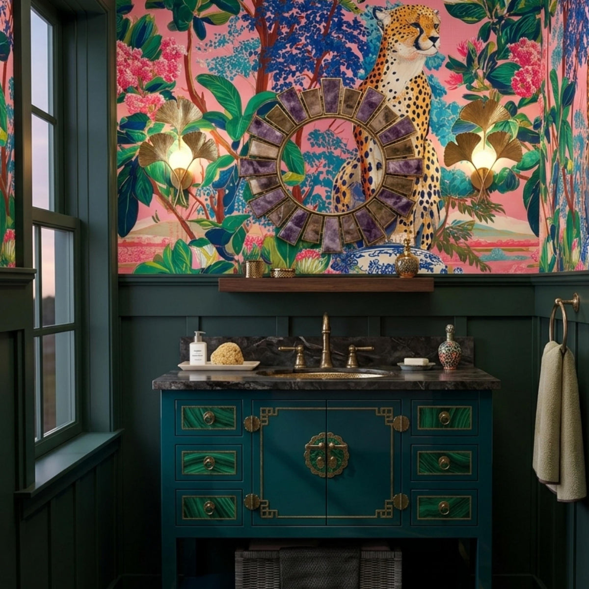 Pink Chinoiserie Cheetah Wallpaper, Maximalist Tropical Wall Mural, Exotic Jungle Peel and Stick, Grandmillennial Home Decor Accent Wall