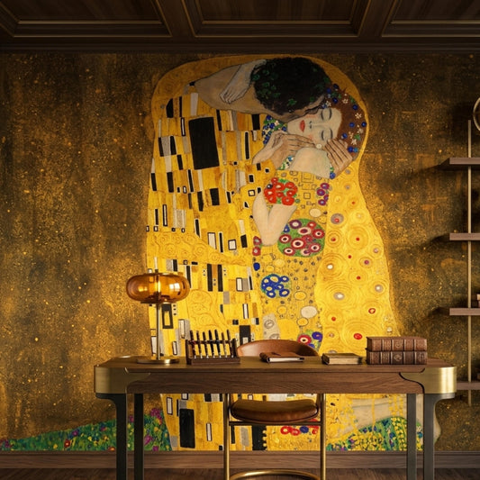Gustav Klimt The Kiss Wallpaper, Famous Art Wall Mural, Vintage Gold Fine Art Wall Decor, Classic Masterpiece Peel and Stick Wallpaper