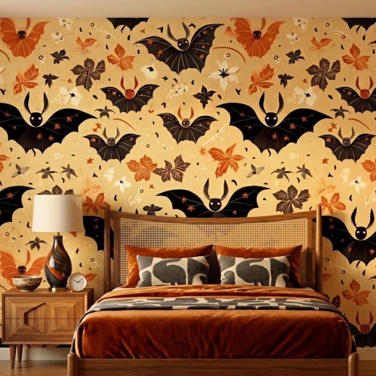 Vintage Bat and Autumn Leaf Wallpaper, Halloween Home Decor, Whimsical Gothic Wall Art, Spooky Season Interior, Dark Academia Aesthetic