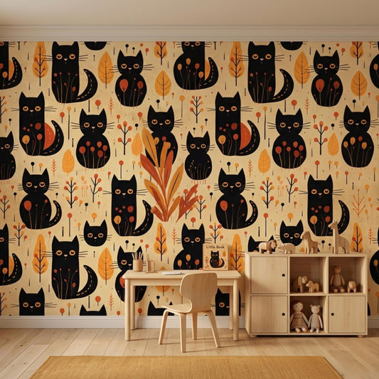 Black Cat Autumn Aesthetic Wallpaper, Whimsical Nursery Wall Decal, Mid Century Modern Cat Decor
