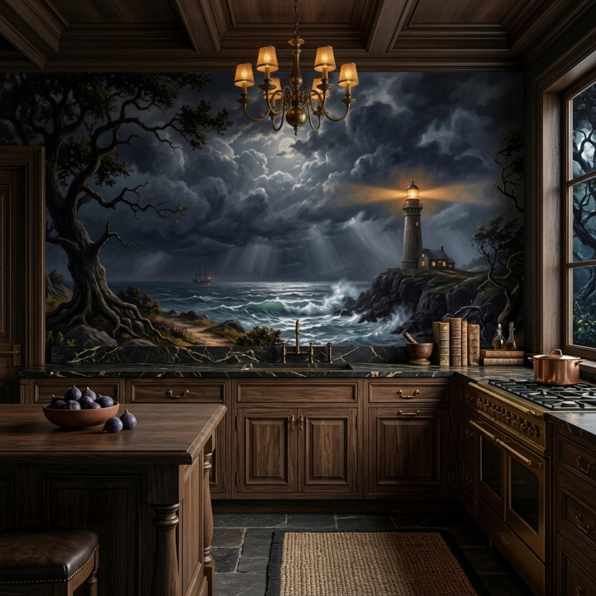 A dark, moody mural depicts a stormy sea with a lighthouse on a rocky cliff, under a cloudy sky with a full moon, installed in a kitchen with dark wooden cabinets and a chandelier.