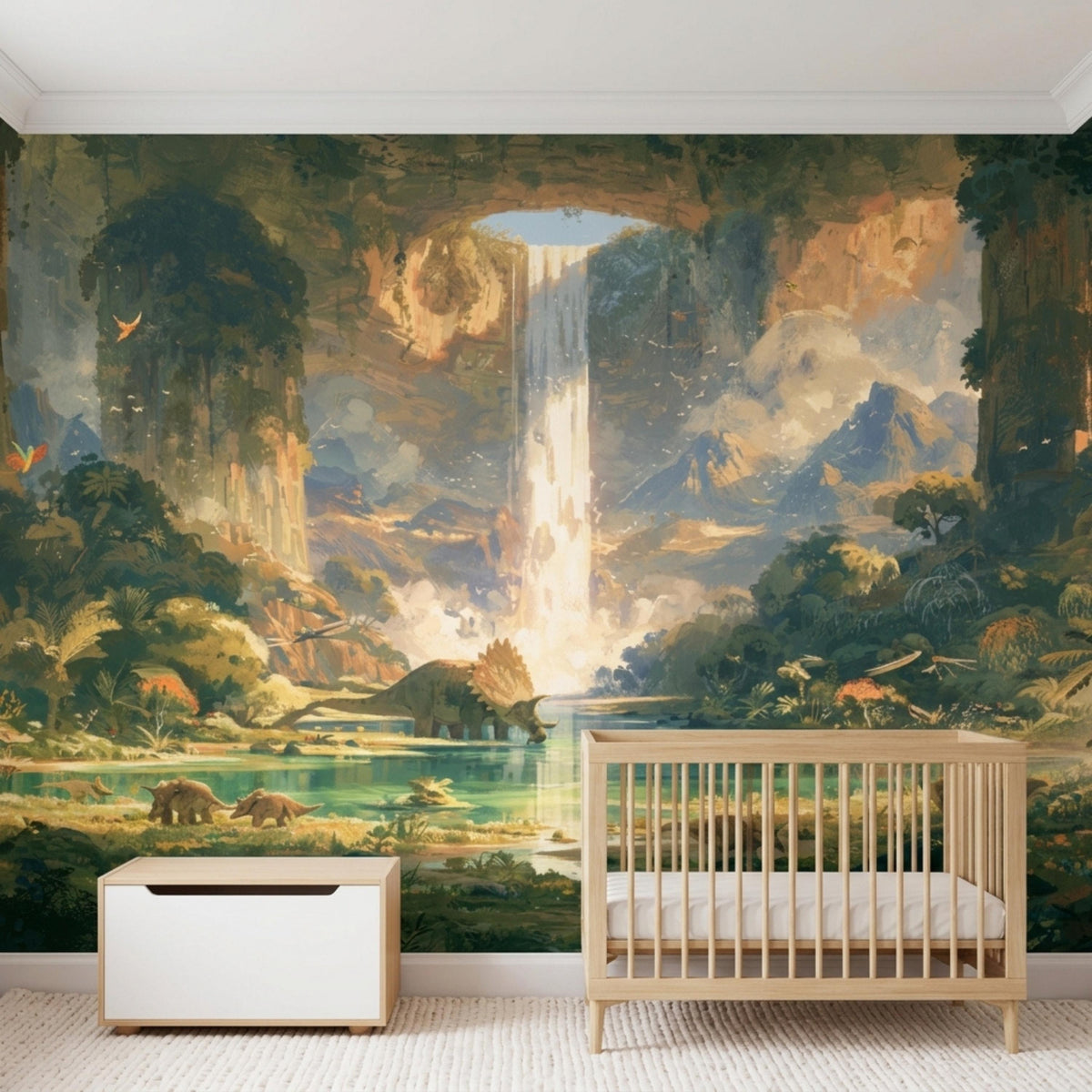 A wooden baby crib and a white toy box sit on a textured rug in front of a large dinosaur jungle and waterfall wall mural.