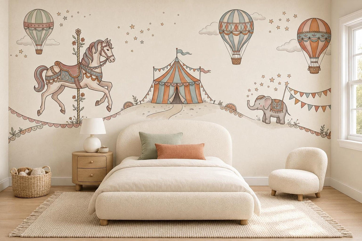 A cream upholstered bed with neutral pillows is centered beneath a large vintage circus wall mural.