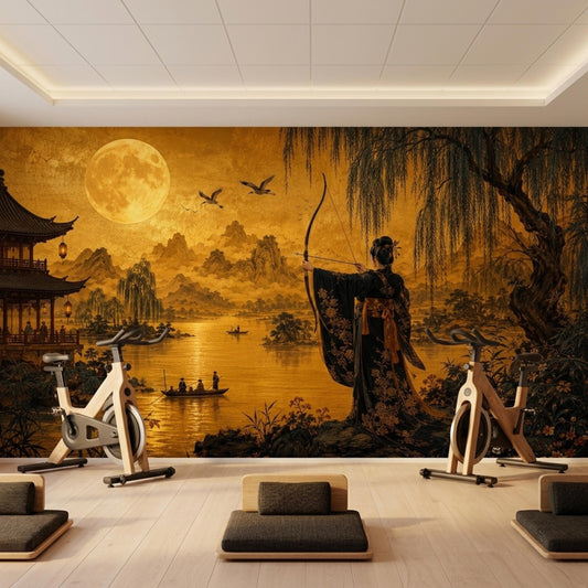 A home gym features stationary bikes and floor mats in front of a golden Asian landscape accent wall with a large full moon.
