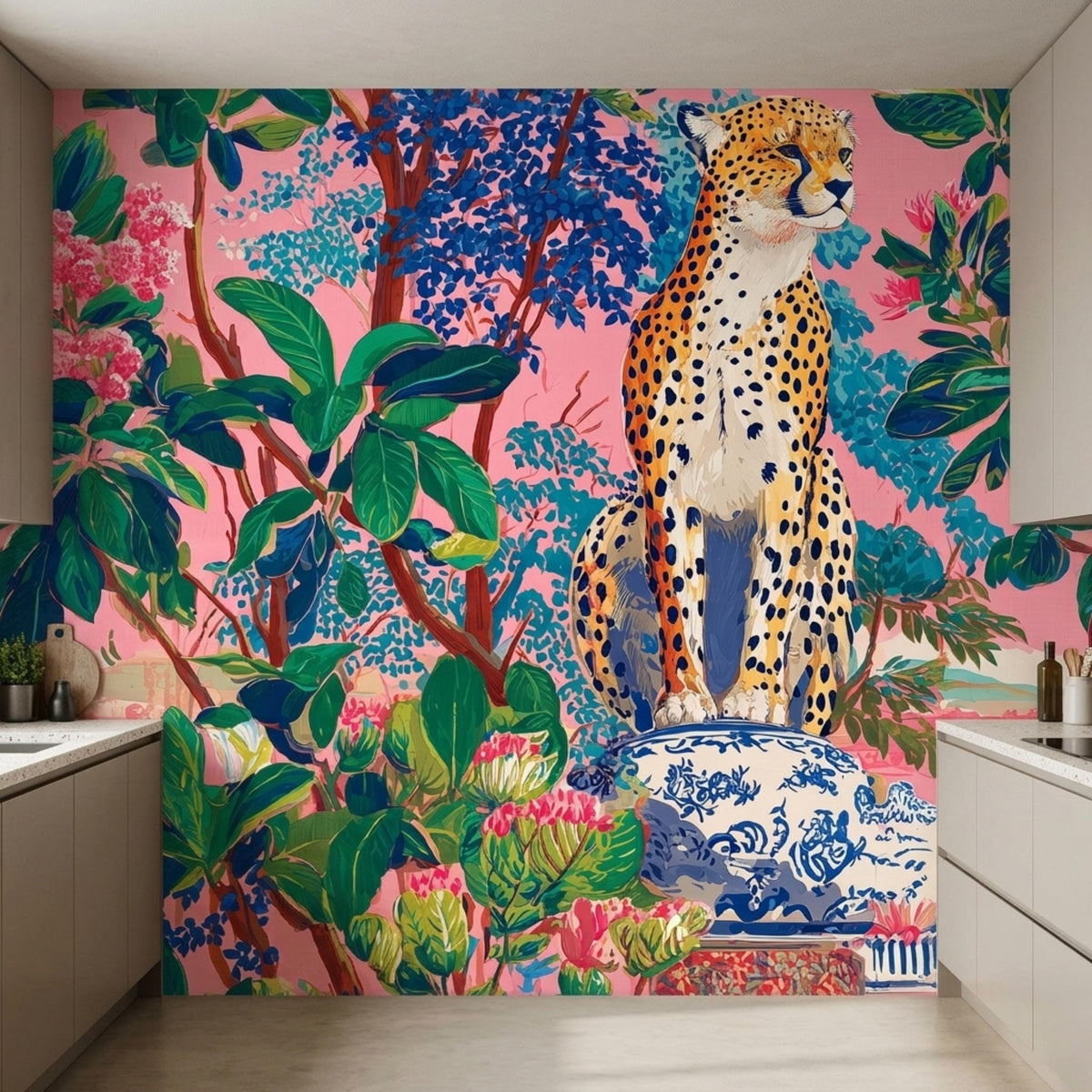 A modern kitchen counter sits against a pink leopard jungle wallpaper mural featuring tropical foliage and a large feline.