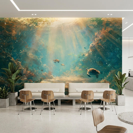 A dining space features an underwater sea turtle wallpaper mural behind light wood chairs, white tables, and potted plants.