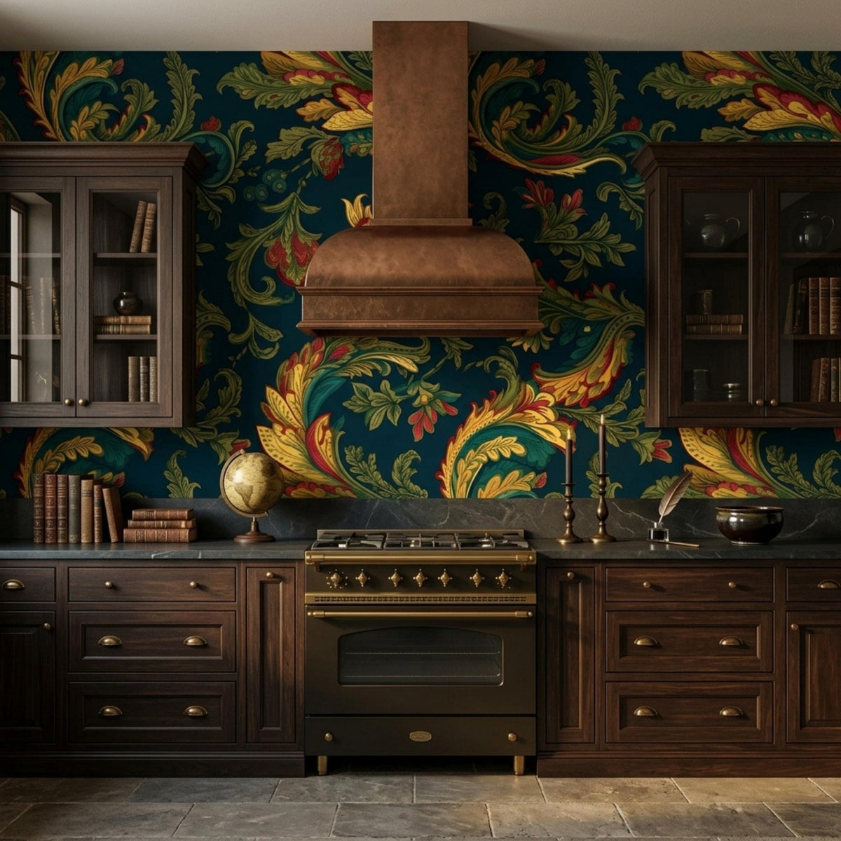 A kitchen features dark teal baroque acanthus wallpaper, dark wooden cabinets, a copper range hood, and a black gas stove on a stone floor.