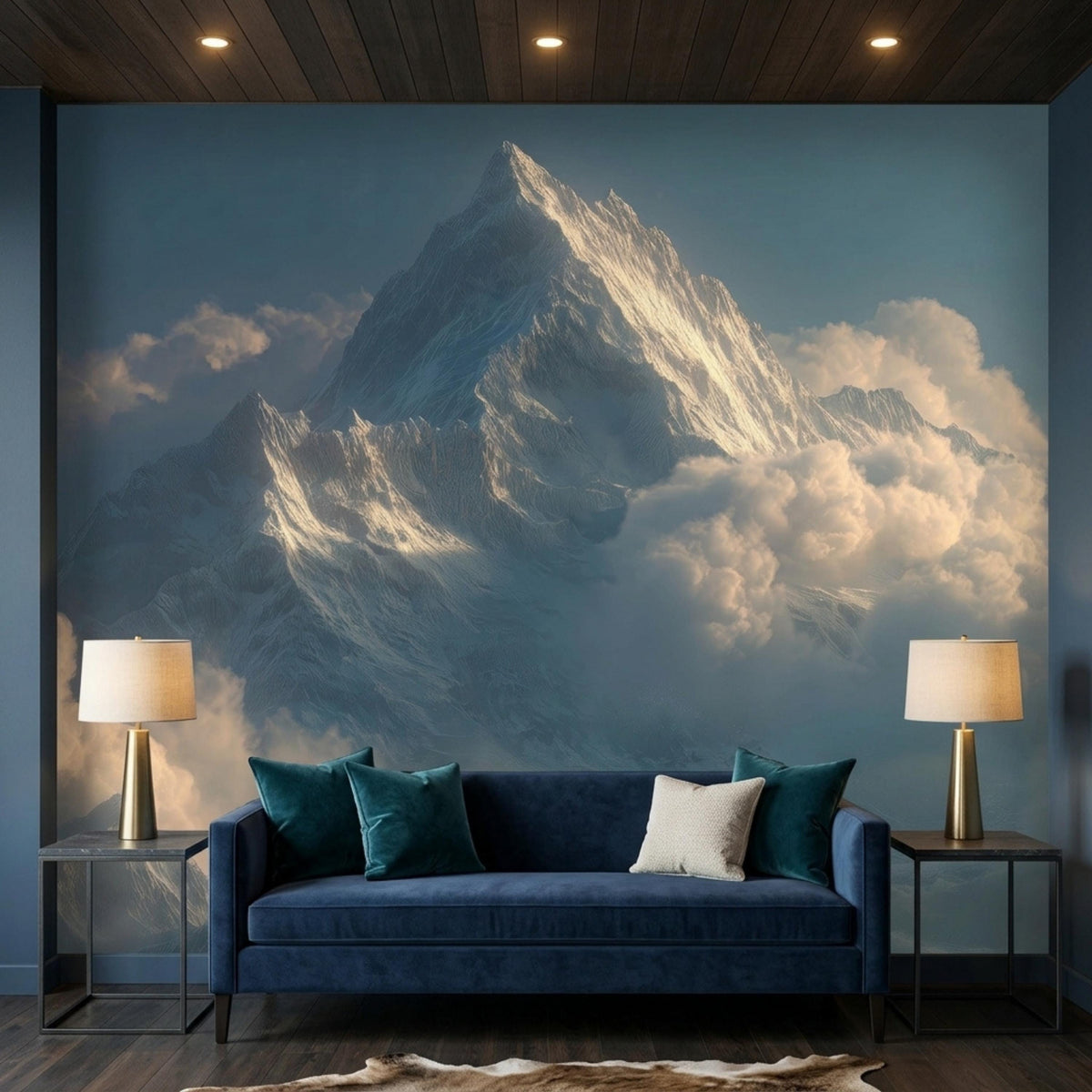 A living room features a blue velvet sofa positioned against a large wall mural of a snow-covered mountain peak surrounded by clouds.