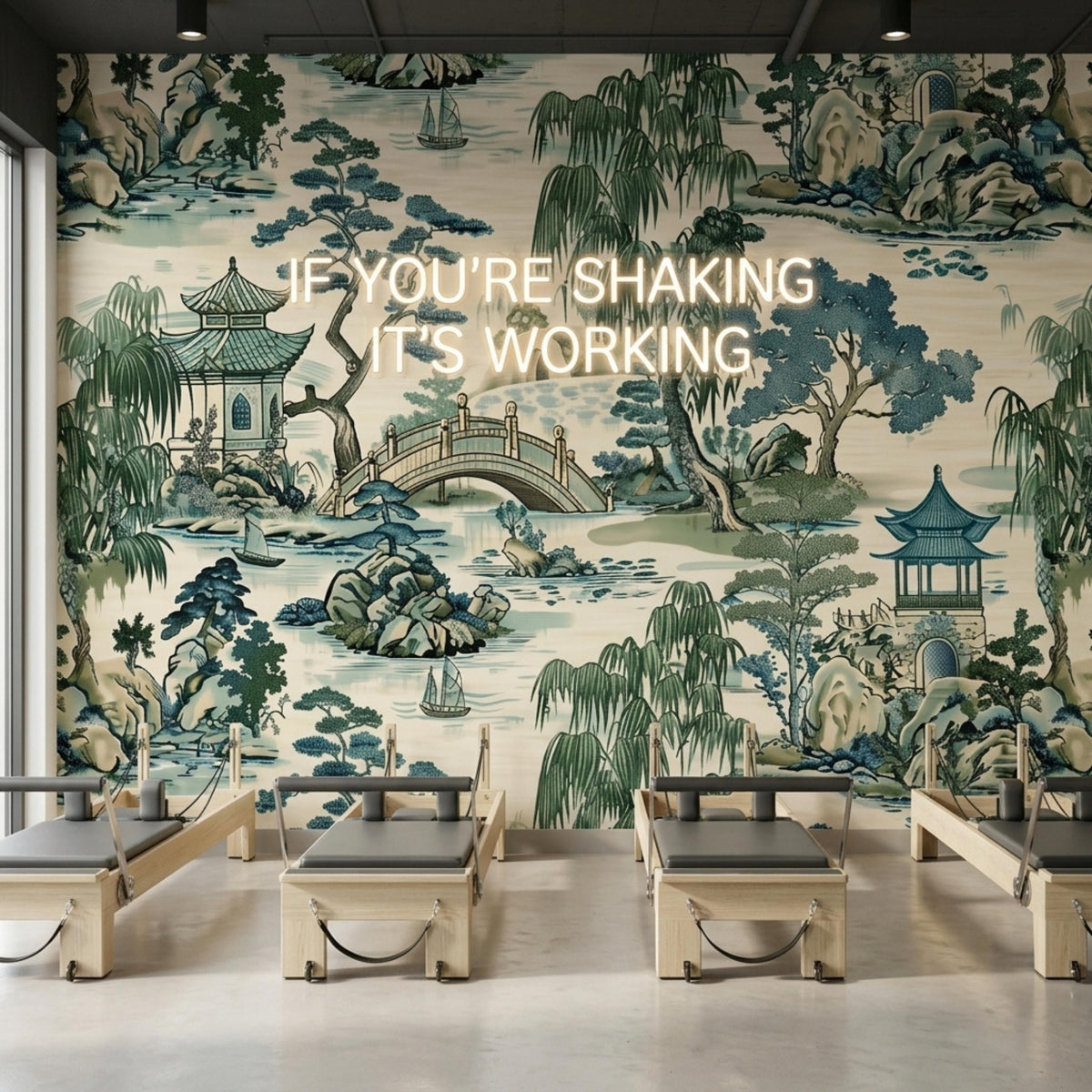 A Chinoiserie landscape wallpaper mural on a wall behind four pilates reformers, with the glowing text IF YOU ARE SHAKING IT IS WORKING overlaid in the center.