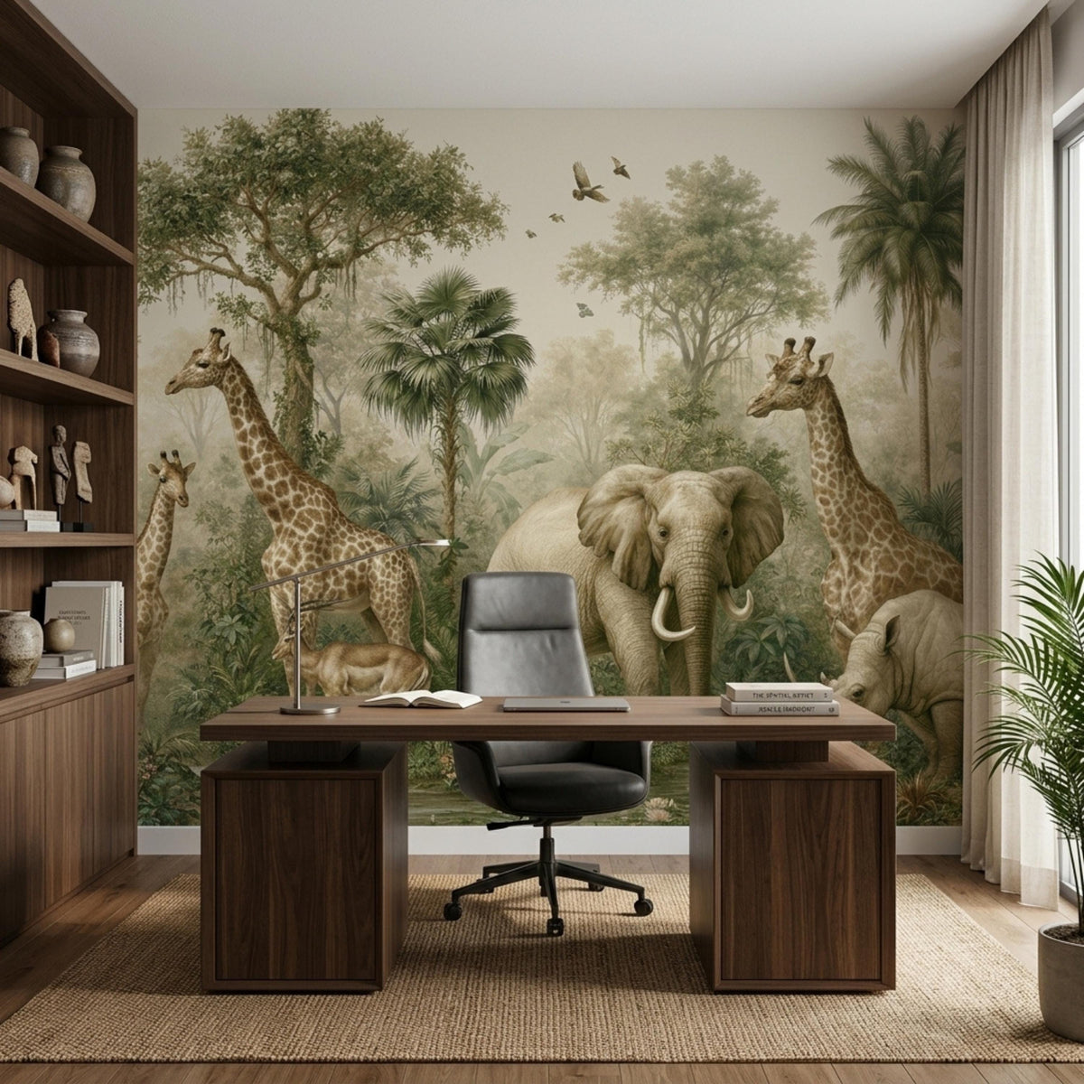A home office setup features a modern wooden desk and black leather chair positioned in front of a large vintage safari jungle mural.