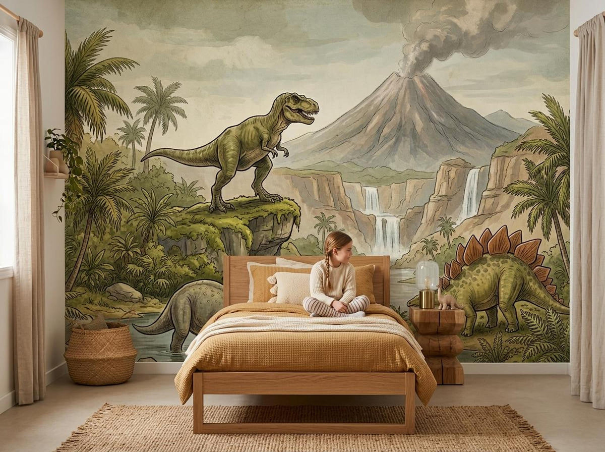A young girl sits on a wooden bed in a room with a large prehistoric dinosaur landscape mural on the accent wall.