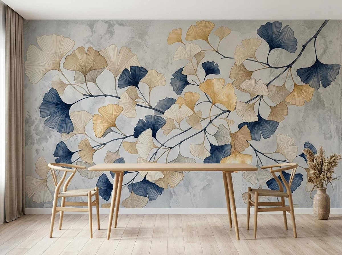 A minimalist dining room showcases a long wooden table with two wooden armchairs, positioned in front of a mottled gray wall covered with a blue and gold ginkgo leaf mural.
