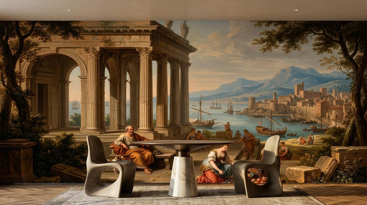A neoclassical Mediterranean landscape mural covers a wall behind a round table and two sculptural chairs, set on a patterned rug.