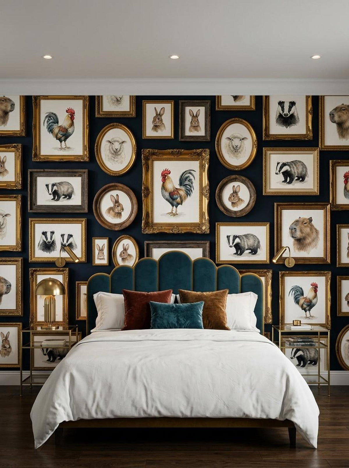 A bedroom features a bed with white linens and a teal tufted headboard against a dark blue wall filled with framed vintage animal art.