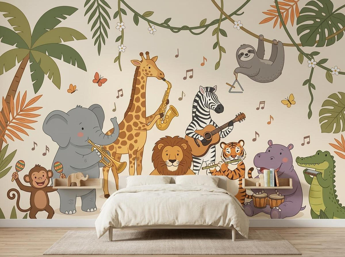 A bed with white bedding is centered against a wall featuring a large jungle animal orchestra mural with musical notes floating around the animals.
