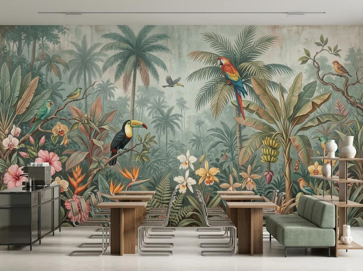 A commercial or cafe space displays wooden tables and a green banquette sofa against the expansive vintage botanical rainforest wall mural.