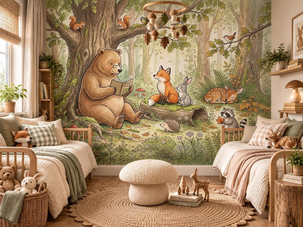 A twin bed setup in a child's bedroom showcasing a large watercolor wall mural of a friendly bear reading a book in a woodland forest scene.