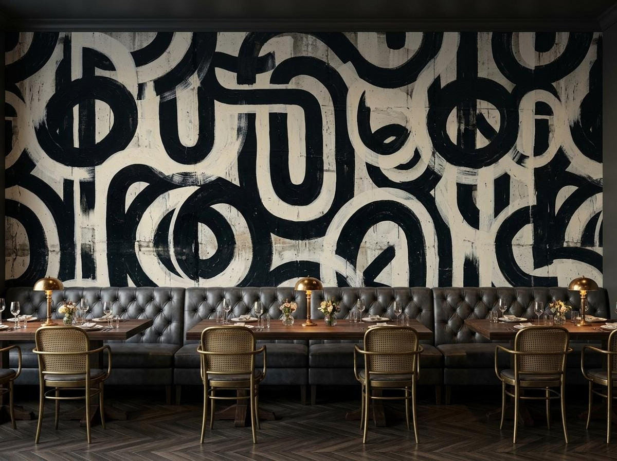 A restaurant dining room with gray tufted booth seating, wooden tables, and gold-framed chairs in front of an abstract black and white brushstroke mural.