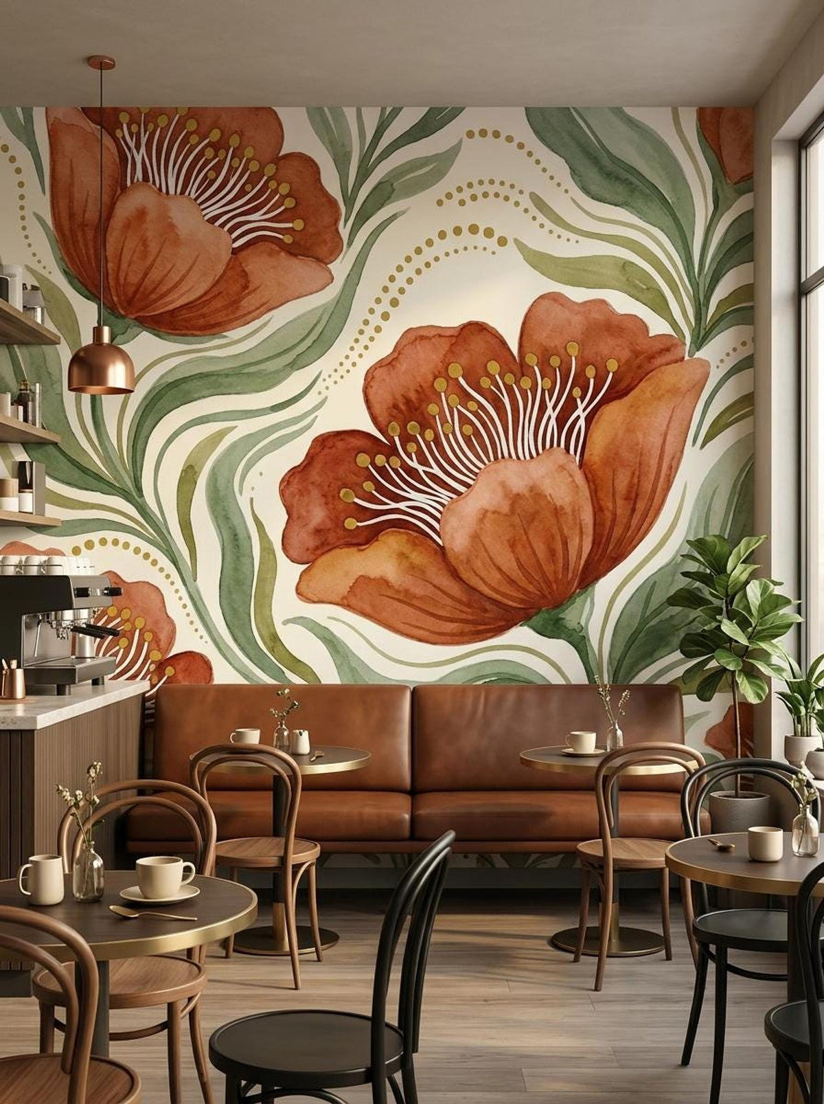 Botanical floral wall mural featuring watercolor terracotta flowers and sage green leaves inside a café with leather booths and small tables.