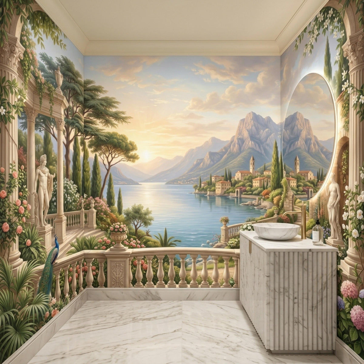 A bathroom features a marble vanity with a round sink and a large round mirror, set against an Italian landscape mural wall covering.