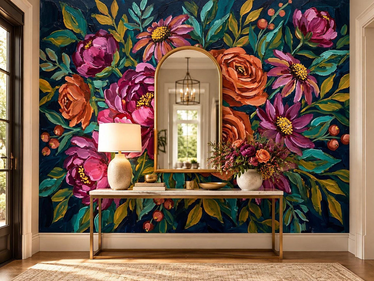 An entryway with a marble-top console table, a lit lamp, a vase of flowers, and an arched mirror centered on an impressionist floral wall mural.
