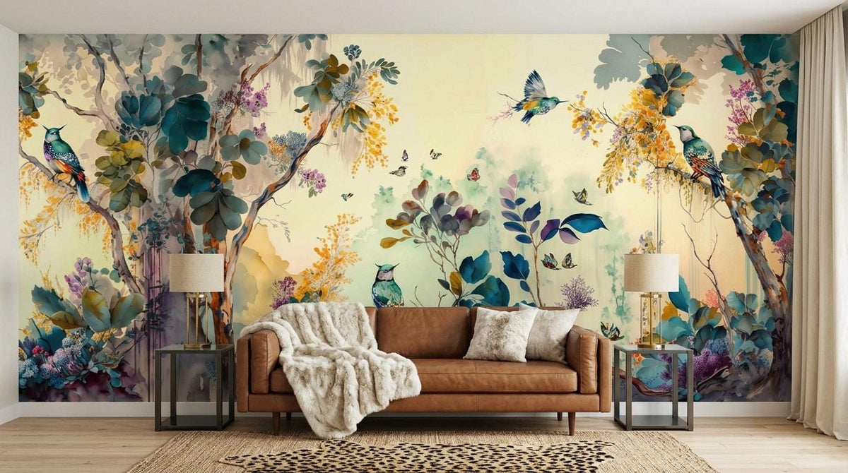 A living room featuring a brown leather sofa with a throw blanket placed in front of a watercolor botanical and bird mural wallpaper.