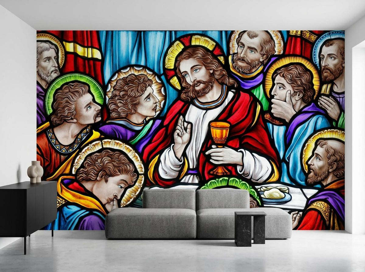 A wide view of a Last Supper stained glass wall mural displayed in a living room with a gray sofa.