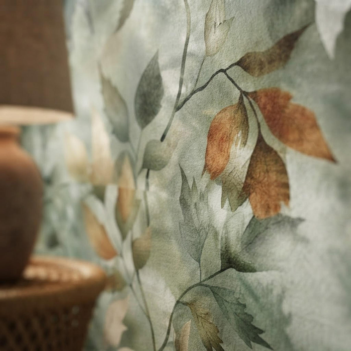 Botanical Sage Green Watercolor Wallpaper Mural, Earthy Leaf Nature Decor shown in an AI-generated listing photo