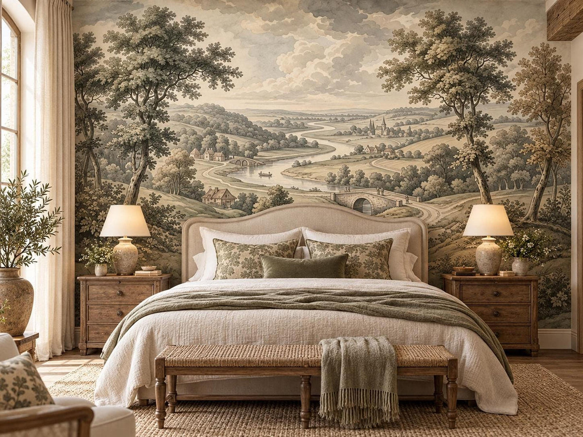 A bed with neutral bedding and wooden nightstands placed in front of a wall covered in a vintage landscape wallpaper.