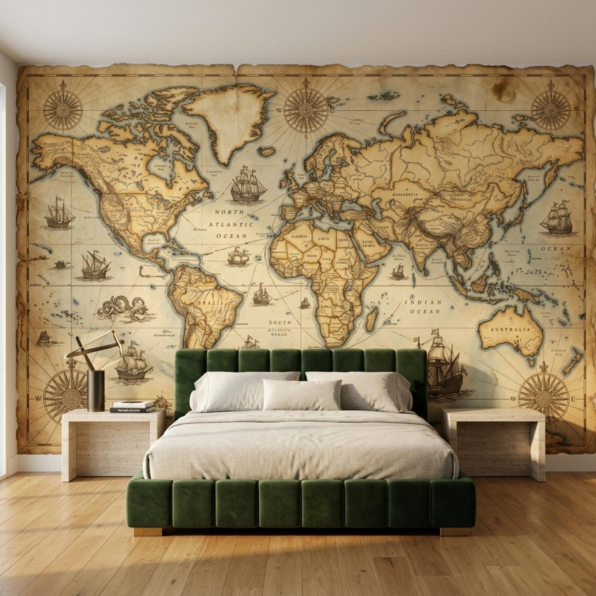 A large sepia vintage world map wall mural is installed behind a modern green velvet bed with light wood nightstands on a wooden floor.