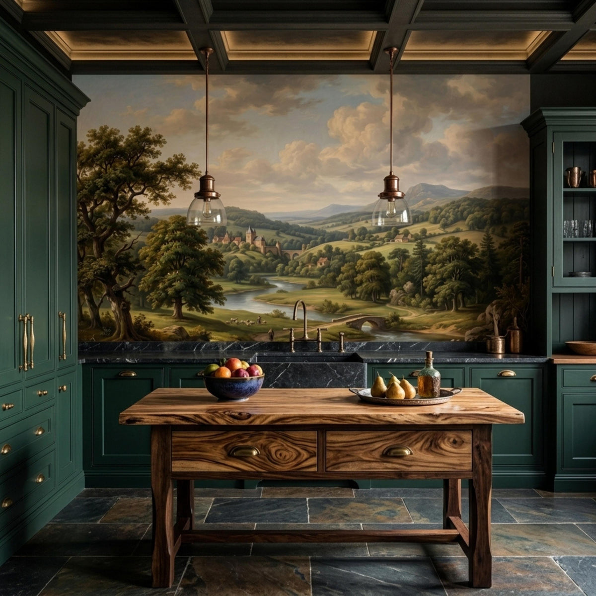 A kitchen with dark green cabinets, a wooden island, and a vintage landscape oil painting mural on the wall behind the sink.