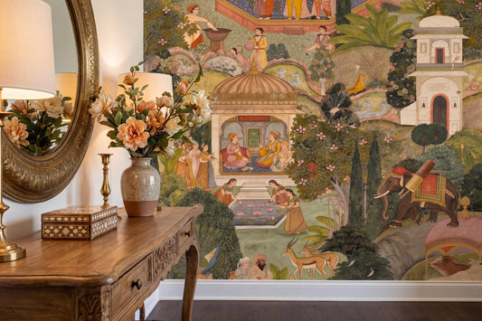 Mughal Miniature Art Wallpaper, Traditional Indian Mural, Vintage Exotic Home Decor
