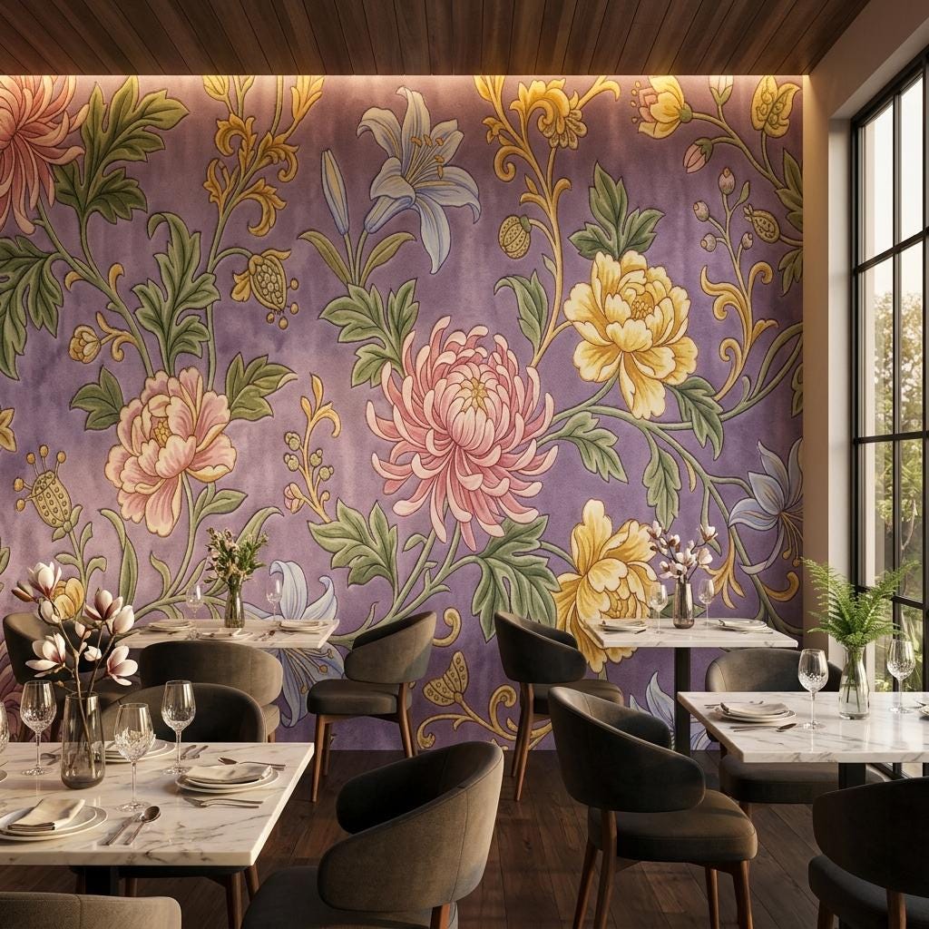 Art Nouveau Floral Wallpaper Mural, Purple Peony Lily Chinoiserie (Ready-to-Use)