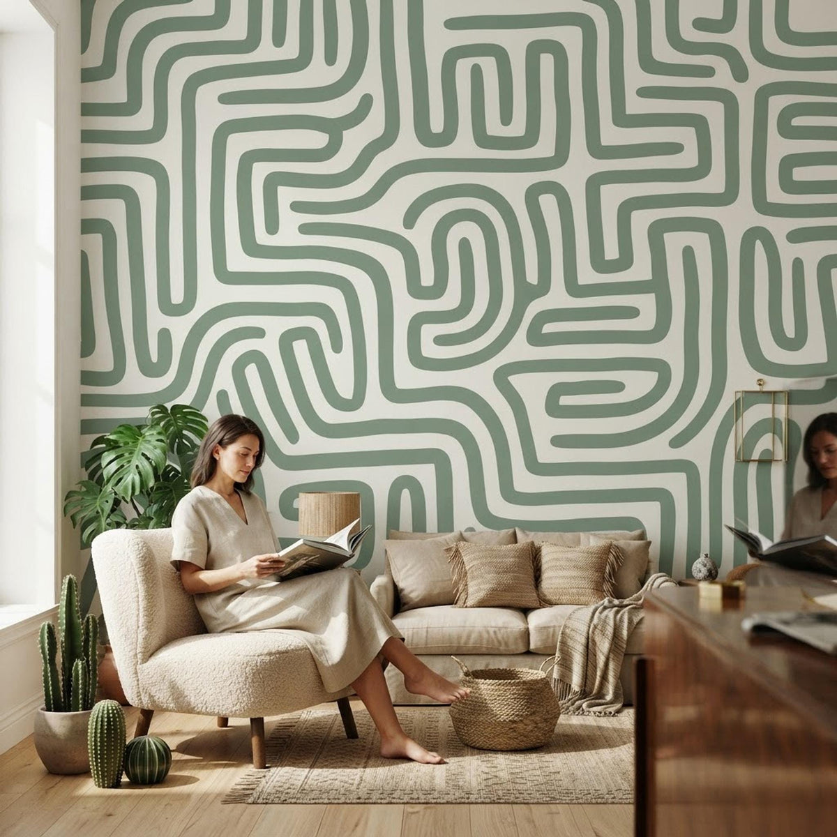 Sage Green Maze Wallpaper, Modern Geometric Mural, Boho Accent Wall (Peel & Stick) shown in an AI-generated listing photo