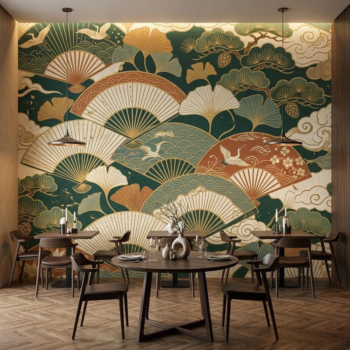 Japanese Fan Wallpaper Mural, Dark Green Crane Gingko Leaf (Custom Sizing)