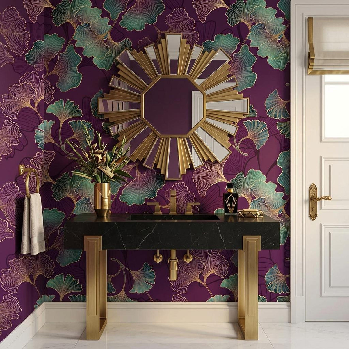 Art Deco Ginkgo Leaf Wallpaper, Purple Floral Mural, Bohemian Wall Decor (Peel and Stick)