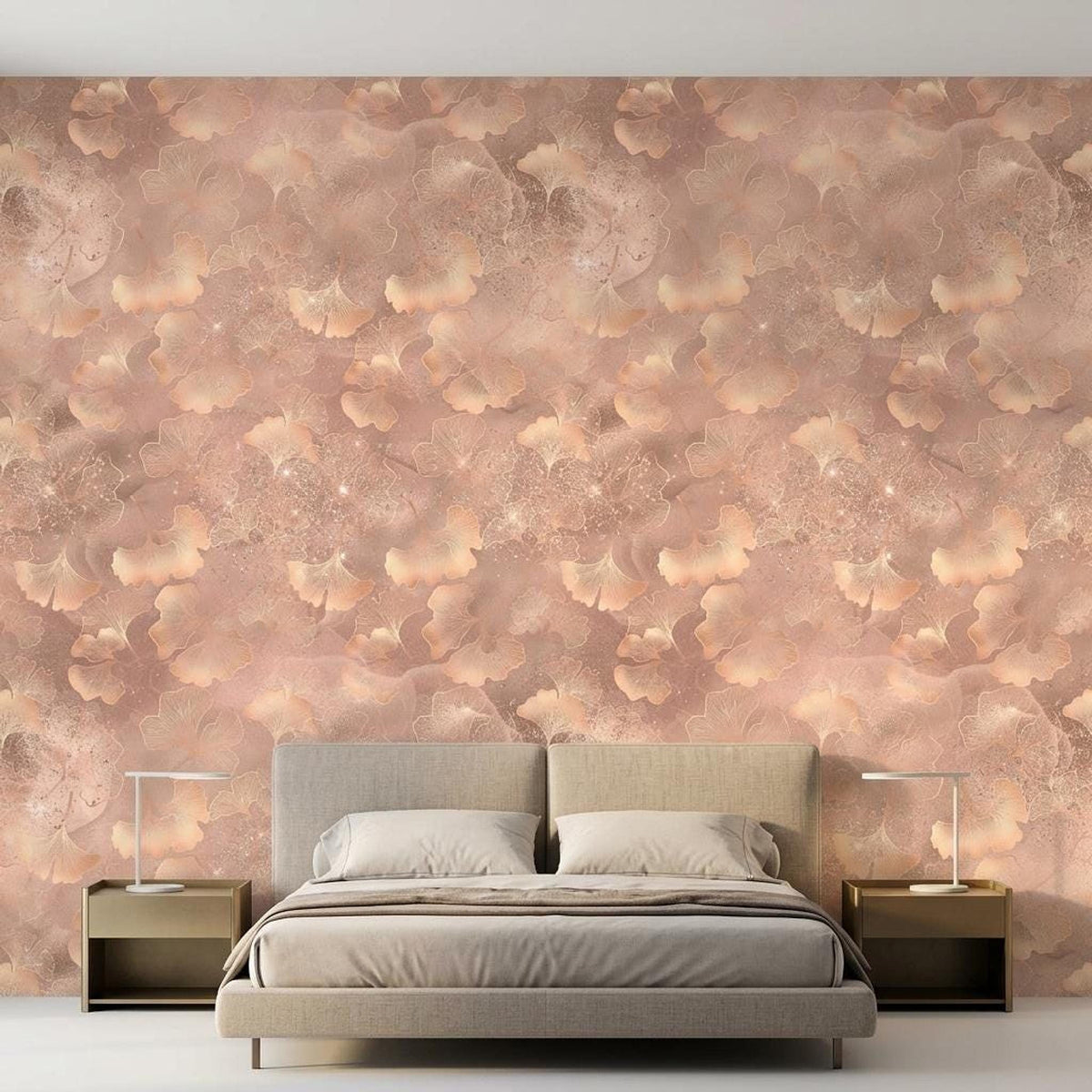 Dusty Rose Ginkgo Leaf Wallpaper, Shimmer Botanical Mural, Modern Bedroom Decor