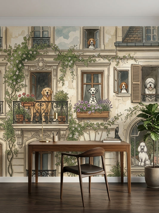 Parisian Dogs wallpaper mural with illustrated dogs, balconies and flowers in a home office mockup