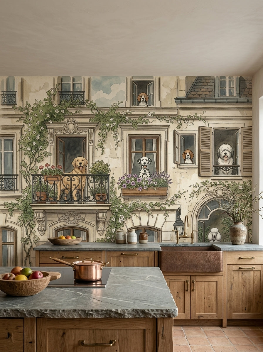 Parisian Dogs wallpaper mural with illustrated dogs, balconies and flowers in a kitchen mockup