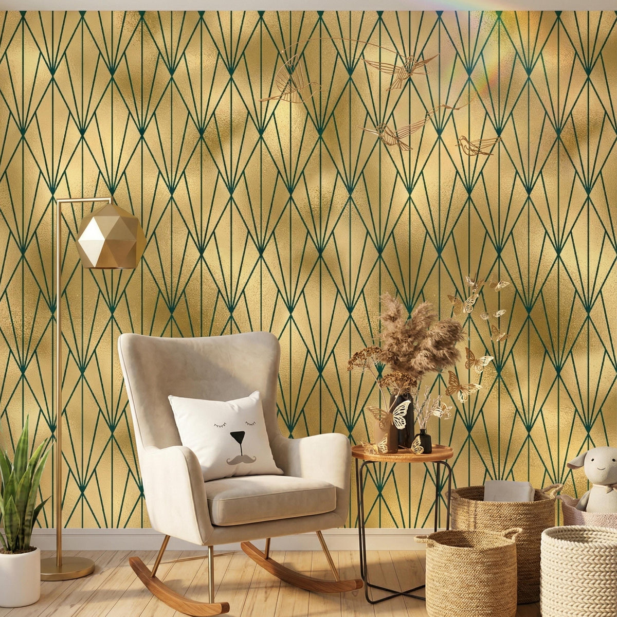 Art Deco Emerald Geometric Wallpaper – Luxe Gatsby Style Wall Mural