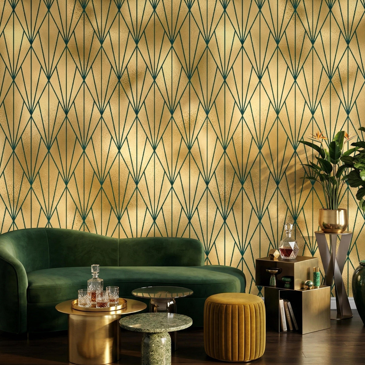 Art Deco Emerald Geometric Wallpaper – Luxe Gatsby Style Wall Mural