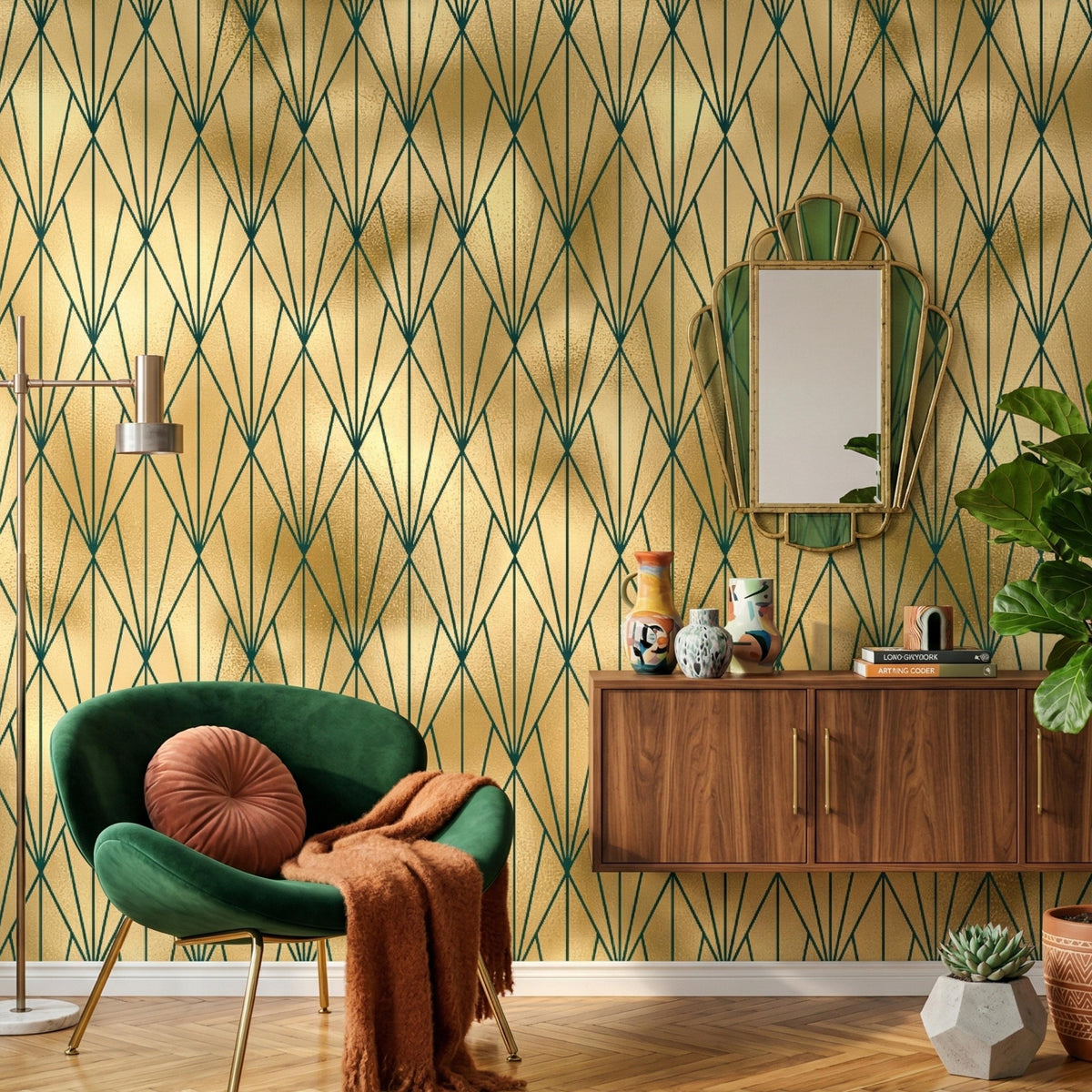 Art Deco Emerald Geometric Wallpaper – Luxe Gatsby Style Wall Mural