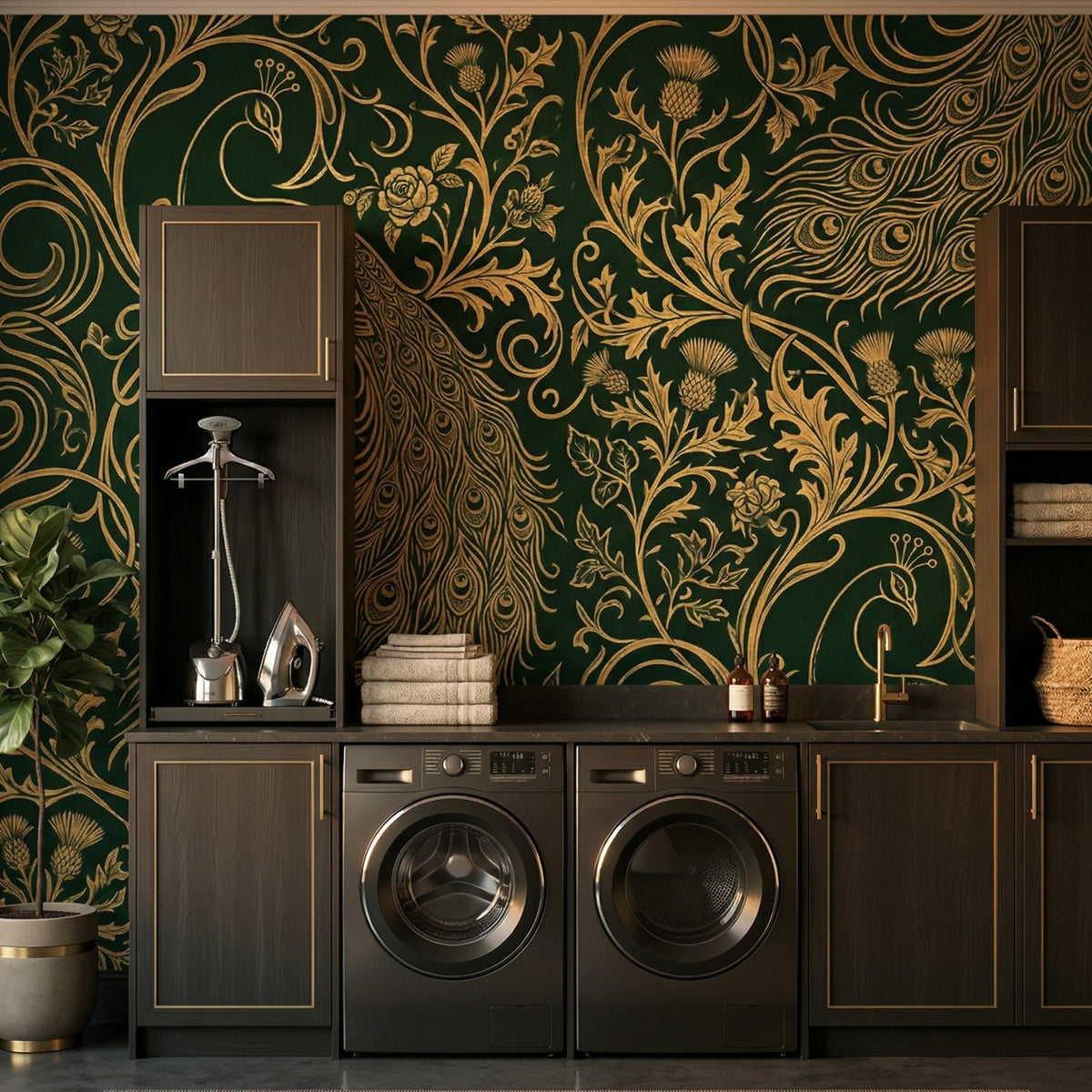 Emerald Gold Peacock Art Nouveau Wallpaper | Maximalist Victorian Floral Mural (Peel and Stick)