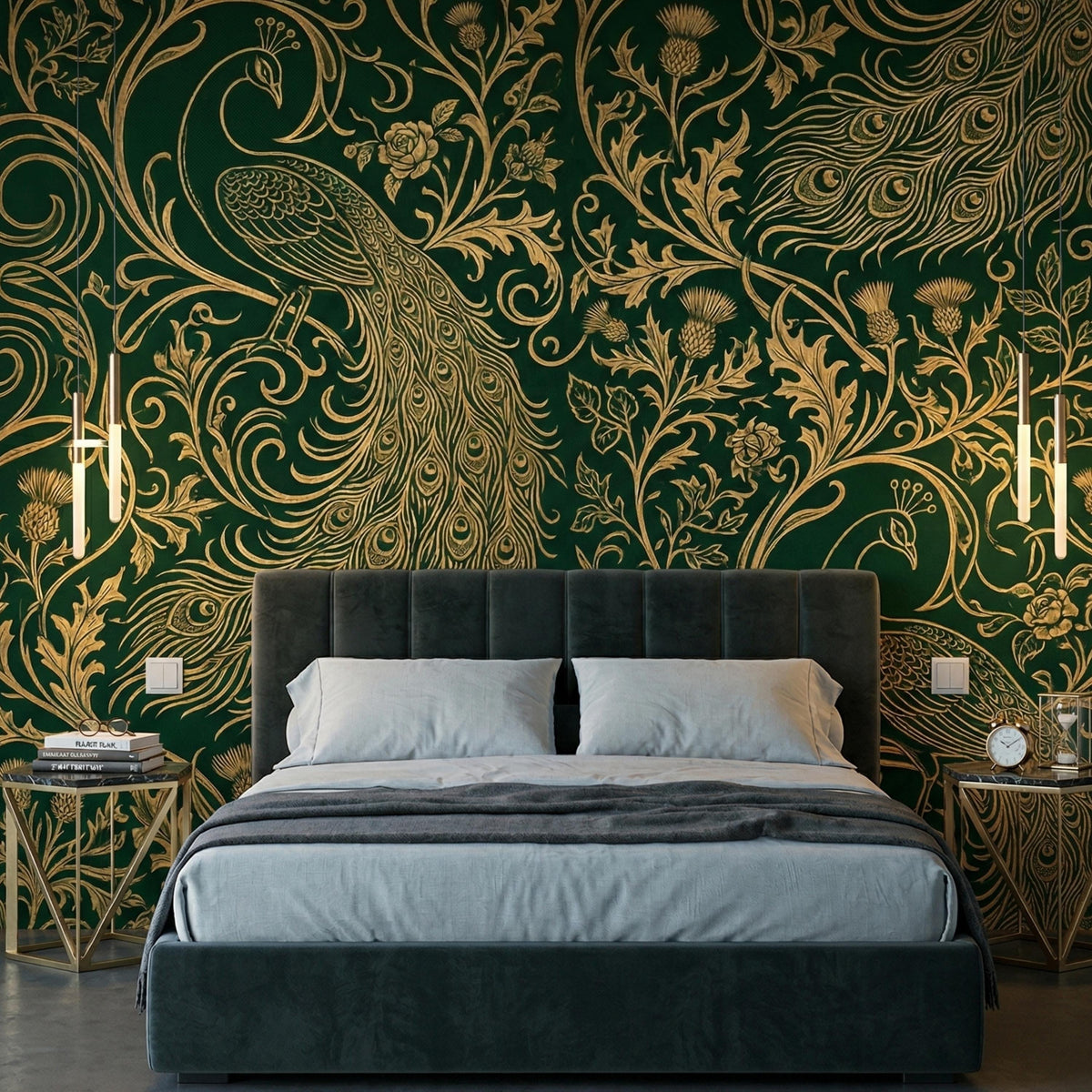 Emerald Gold Peacock Art Nouveau Wallpaper | Maximalist Victorian Floral Mural (Peel and Stick)