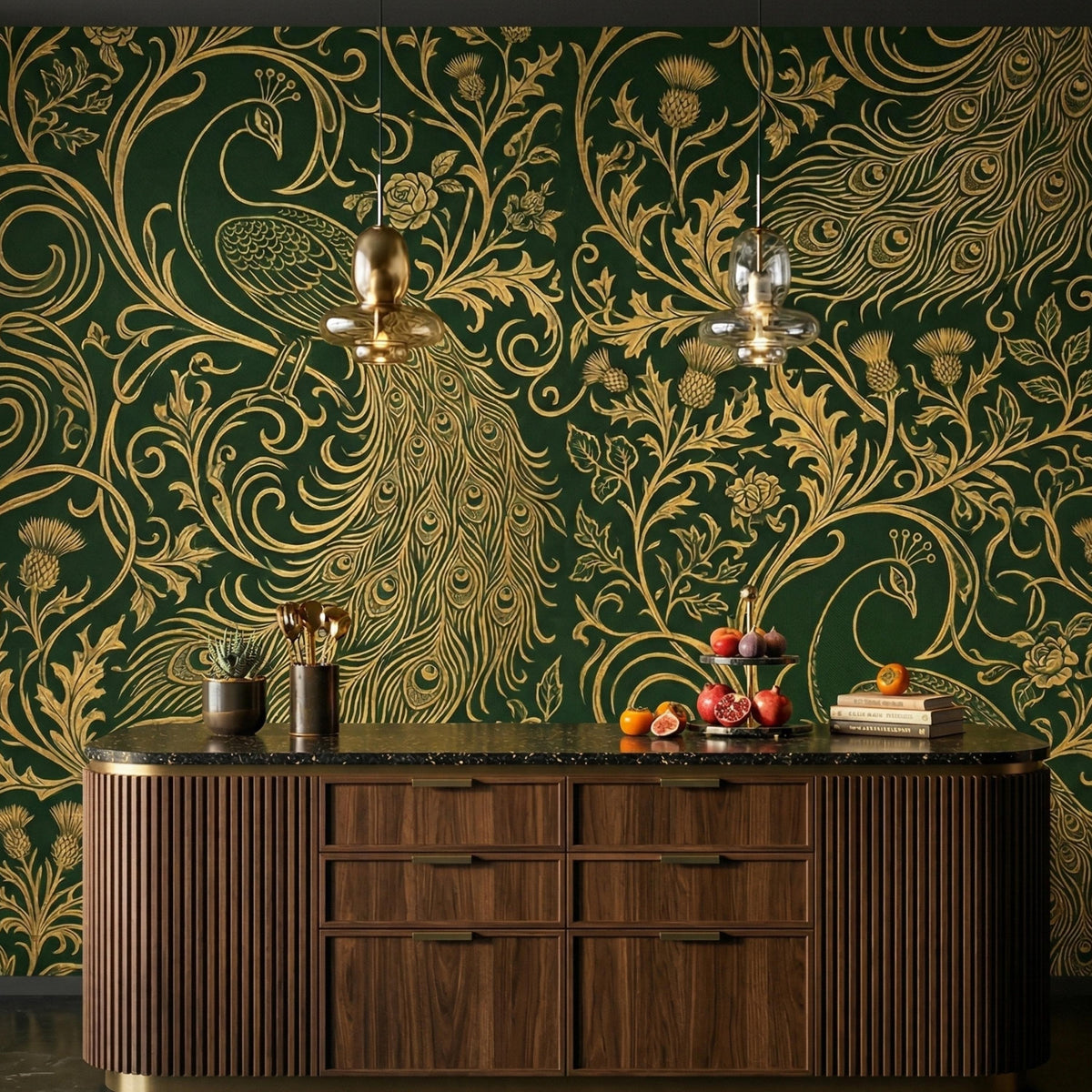 Emerald Gold Peacock Art Nouveau Wallpaper | Maximalist Victorian Floral Mural (Peel and Stick)