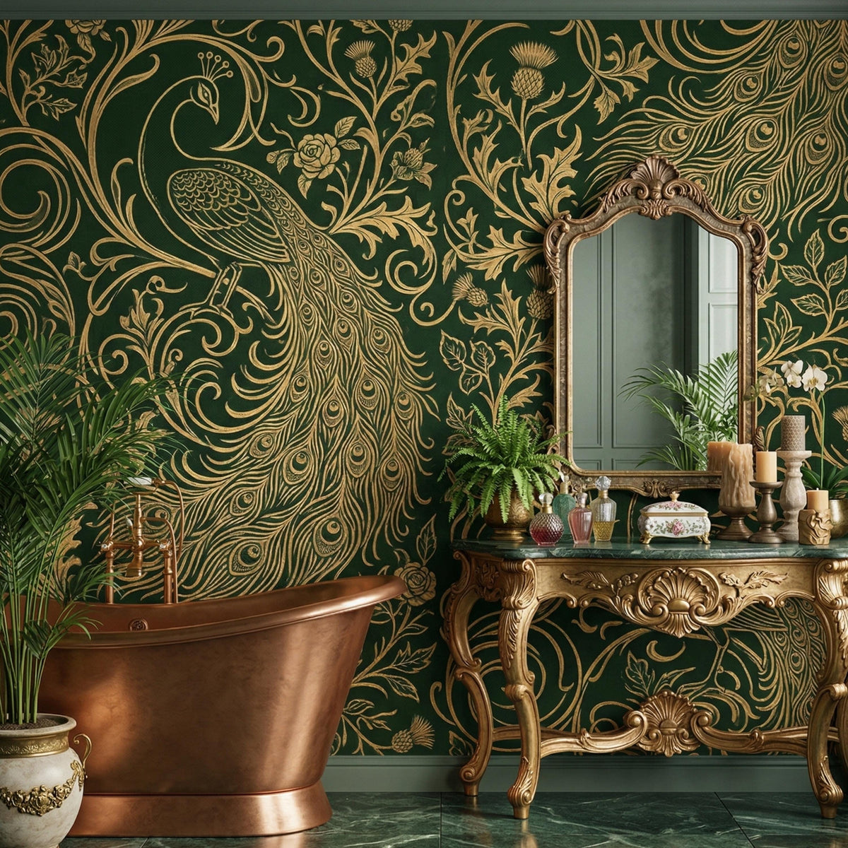 Emerald Gold Peacock Art Nouveau Wallpaper | Maximalist Victorian Floral Mural (Peel and Stick)
